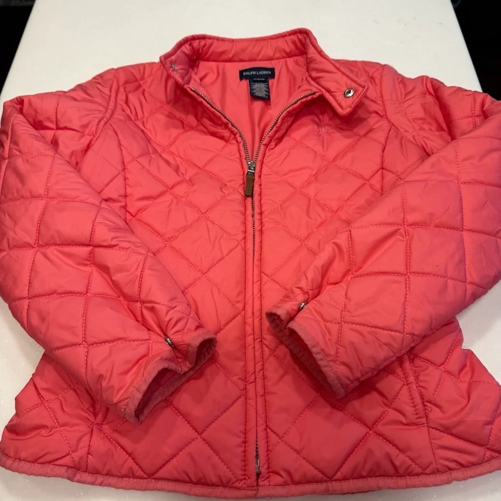 Ralph Lauren Girls Quilted Jacket Pink Zip Up Snap Collar Sz 8-10